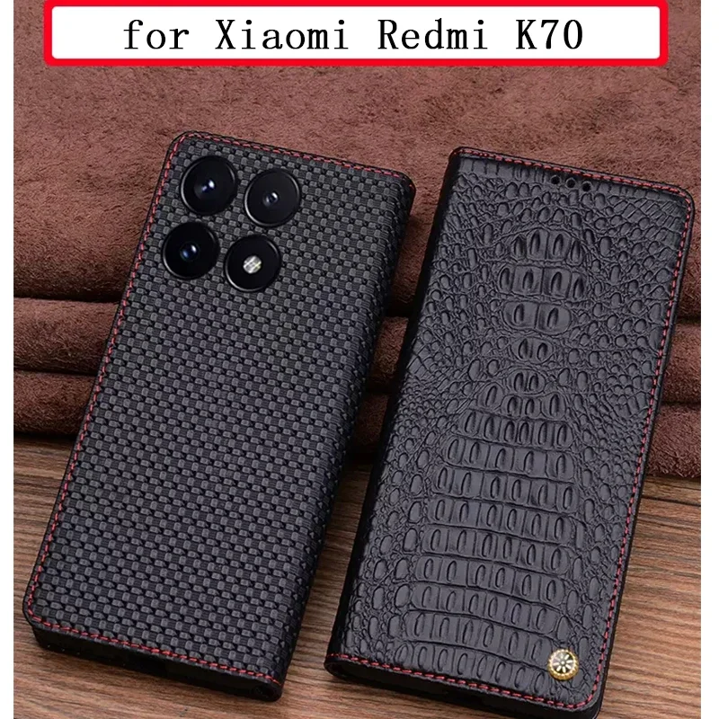 

Genuine Leather Flip Case for Redmi K70 Pro K70E K60 Alligator Litchi Pattern Business Phone Cover Book Funda Skin Coque Capa