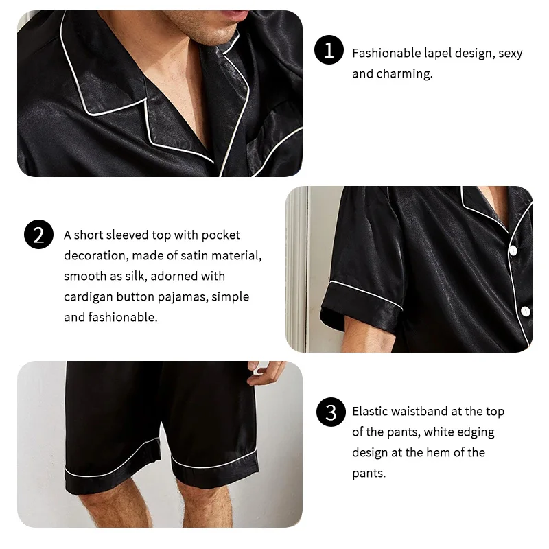 Men\'s Summer Classic Satin Casual Solid Sleepwear Short Sleeve Turn-down Collar Comfortable Top And Shorts 2 Piece Loungewear