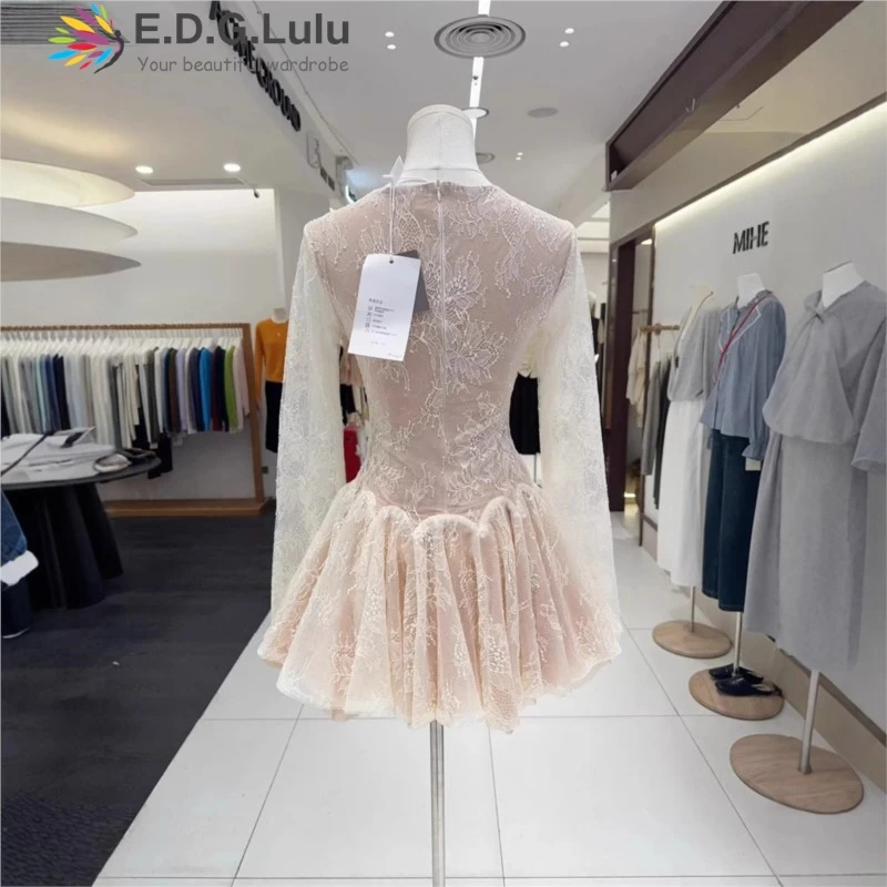 EDGLuLu セクシーな V ネックボウスプライス長袖ブルードレス女性レース中空刺繍花ミニパーティードレス 0929