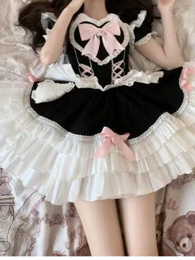Japanese Bow Lolita Women Dress Kawaii Sweet Short Sleeved Female Cake Skirt Bandage Print Soft Girl Style Chic Mini Dress New