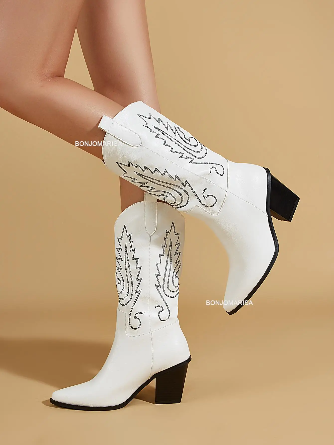 Embroidery Boots Women Fashion Slip On Pure White Western Boots Cowboy Cowgirls Vintage Shoes 2023 Brand New Pointed Toe