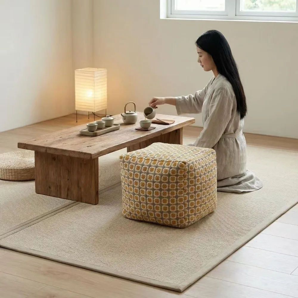Large Capacity Square Pouf Cover Nordic Style Removable Storage Leg Bench Non-Slip Solid Color Sofa Stool Cover Clothes Storage
