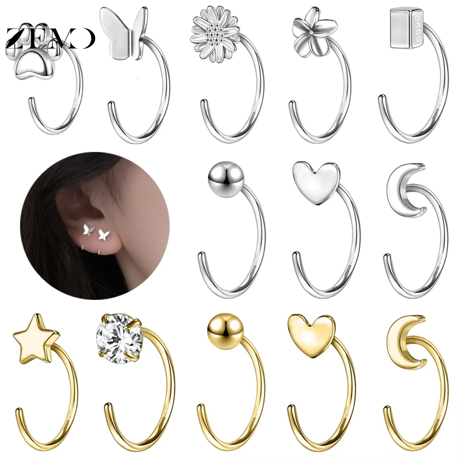 

Серьги-кольца ZEMO для девочек, круглые серьги с позолоченным сердцем и цирконом, открытые серьги для пирсинга, 20 г, 2 шт., 999 серебро