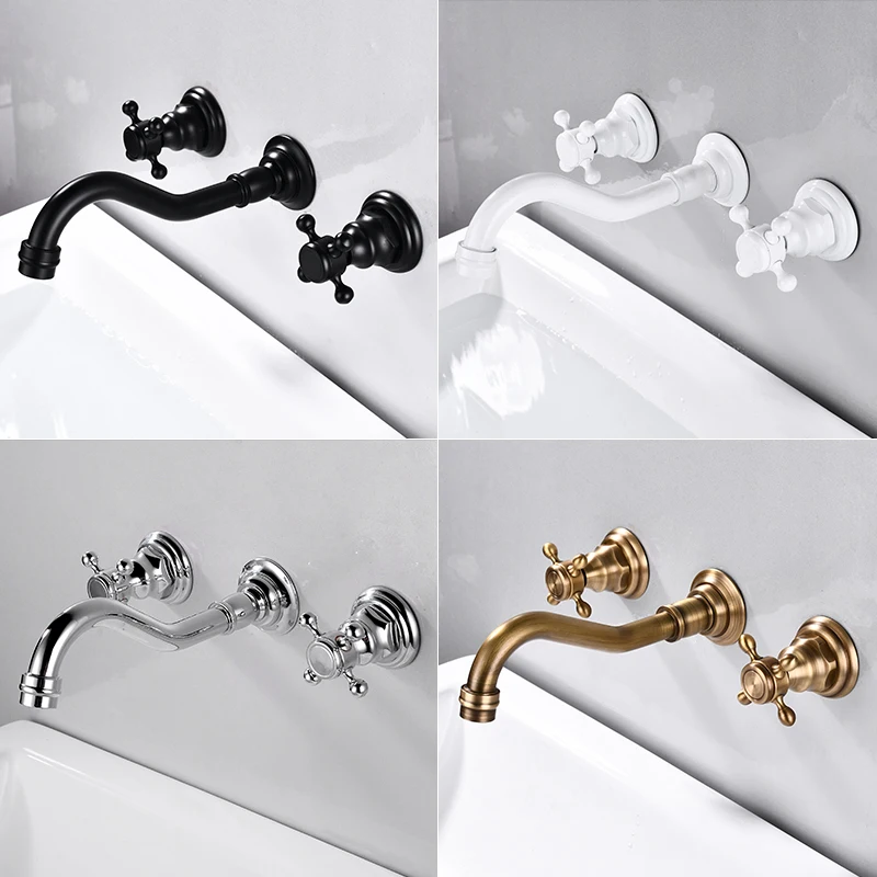 European-Style Retro Wall-Mounted Basin Faucet Hot and Cold Water Washbasin Inter-Platform Basin Wash Basin Copper Faucet