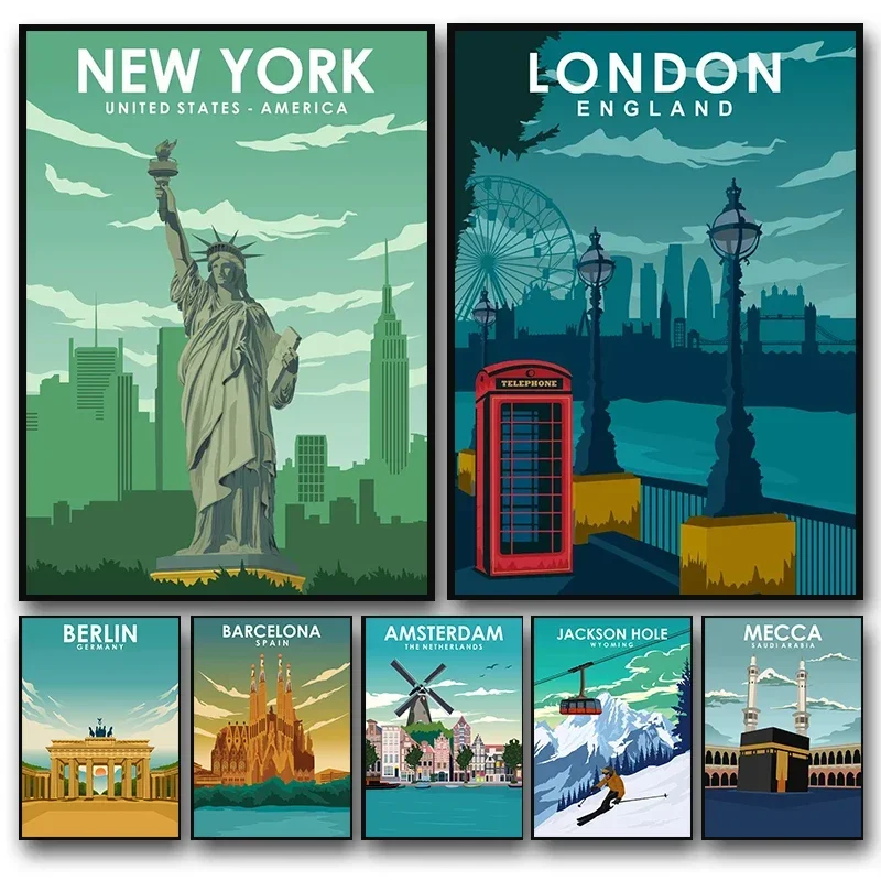 (No frame)Vintage City Travel Poster London New York Lisbon Venice Sydney Rome Italy Canvas Painting Nordic Modern Picture Ro