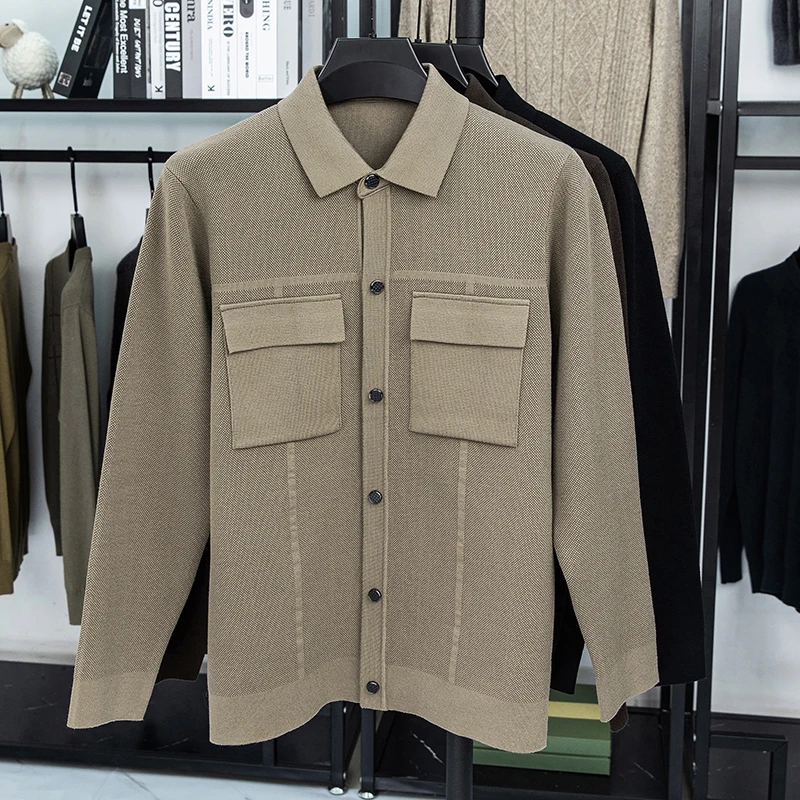 Men's Luxury Knitted Cardigan Long Sleeve Lapel Thickened Button down Double Pocket Solid Color Autumn Winter Fashion Men's Wear