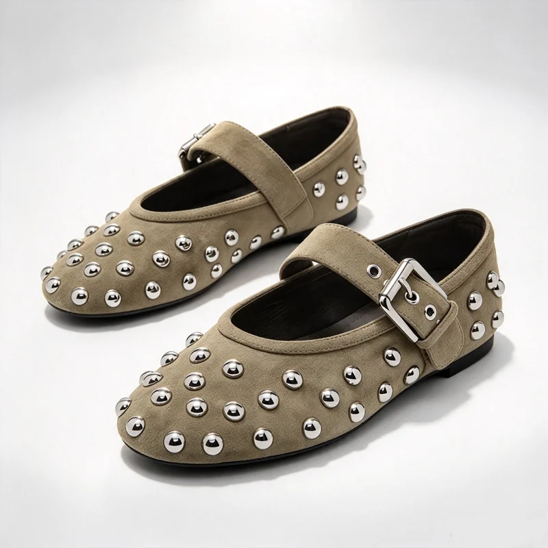 Burgundy Soft Leather Ballet Flats for Women Fashion Metal Rivets Decorated Mary Jane Shoes Elegant Belt Buckle Designer Shoes
