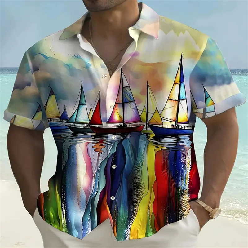 European and American beach vacation casual men's figure printed shirt official spring and summer short sleeved S-5XL shirt