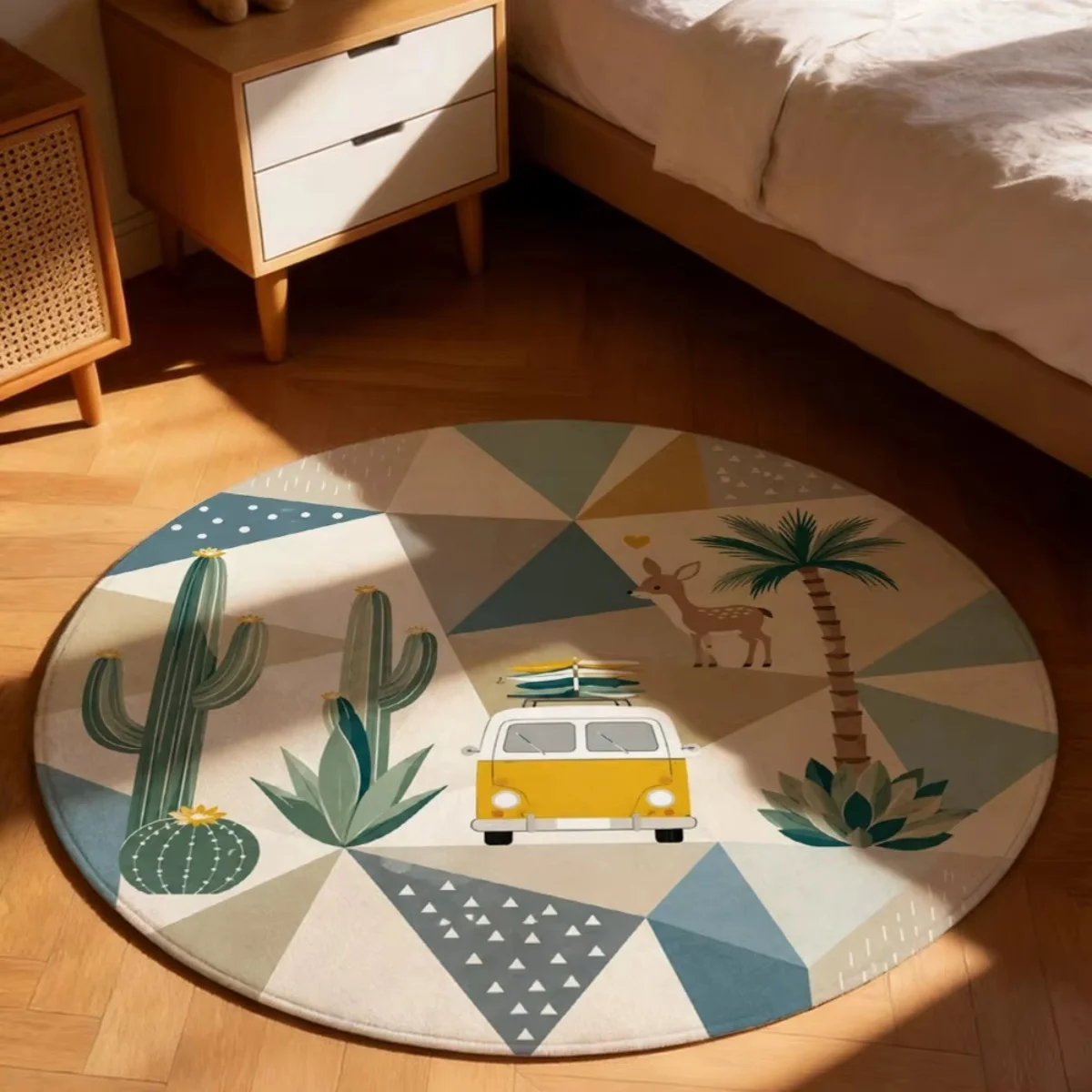 Round Area Rug Geometric Cactus Van Print Floor Carpet Boho Home Decor Living Room Bedroom Coffee Table Interior Art Decor
