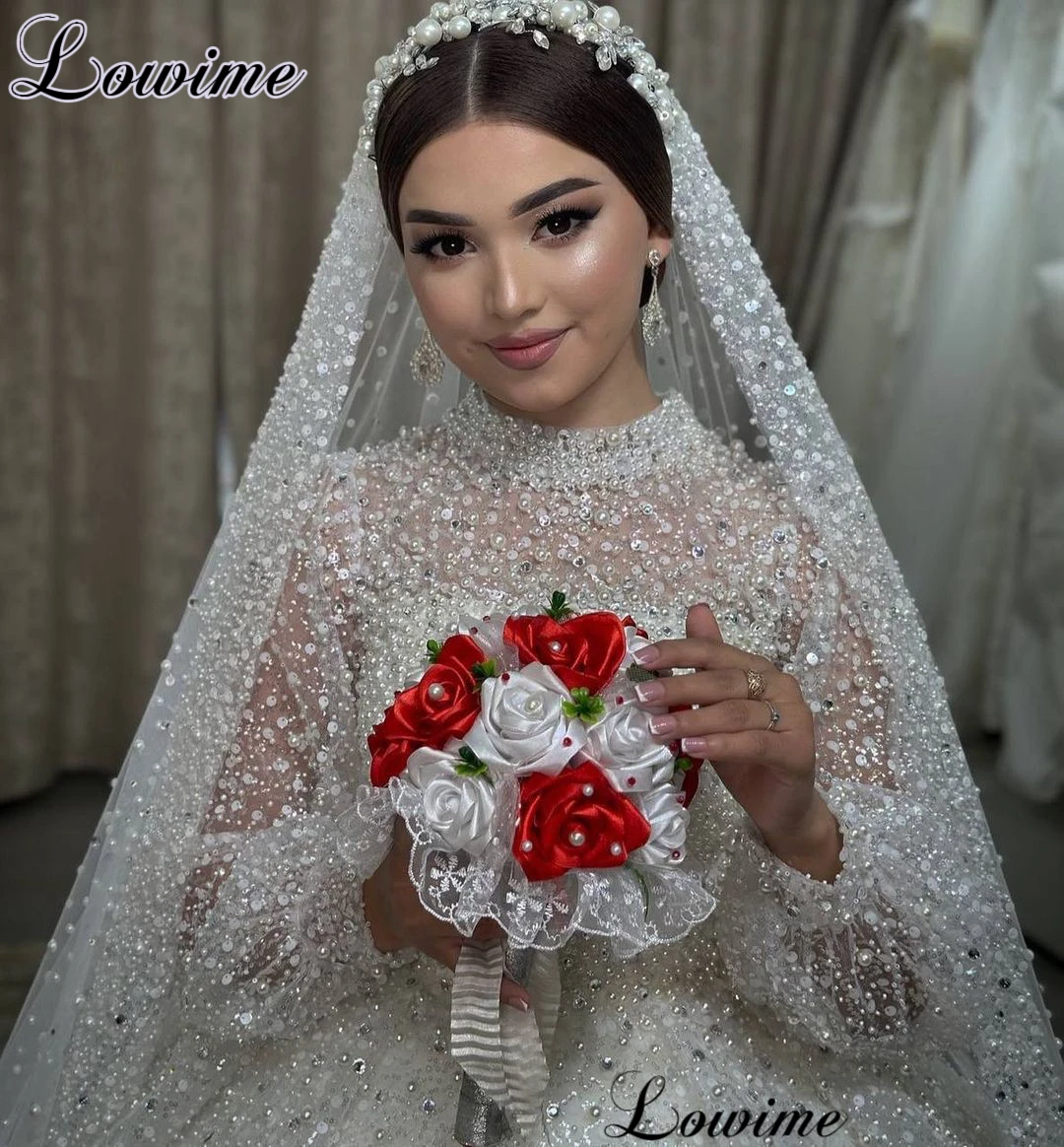 2023 Luxury Pearls Wedding Dresses With Crystals Long Sleeves Elegant Wedding Gowns Muslim Bridal Gowns Vestido De Casamento