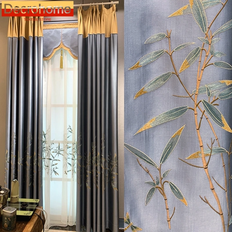 

Customized Chinese Bamboo Blue Gray Embroidered Window Screen Splicing Curtains for Living Room Bedroom French Window Balcony