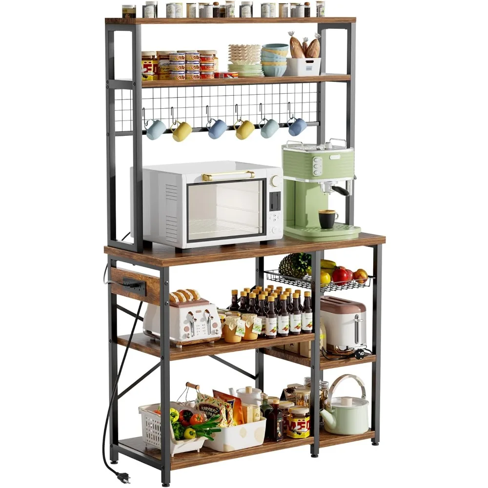 

Baker's Rack with Power Outlet, Microwave Stand with Storage, Kitchen Free Standing Baker Racks and Shelves with 6S-Shaped Hooks