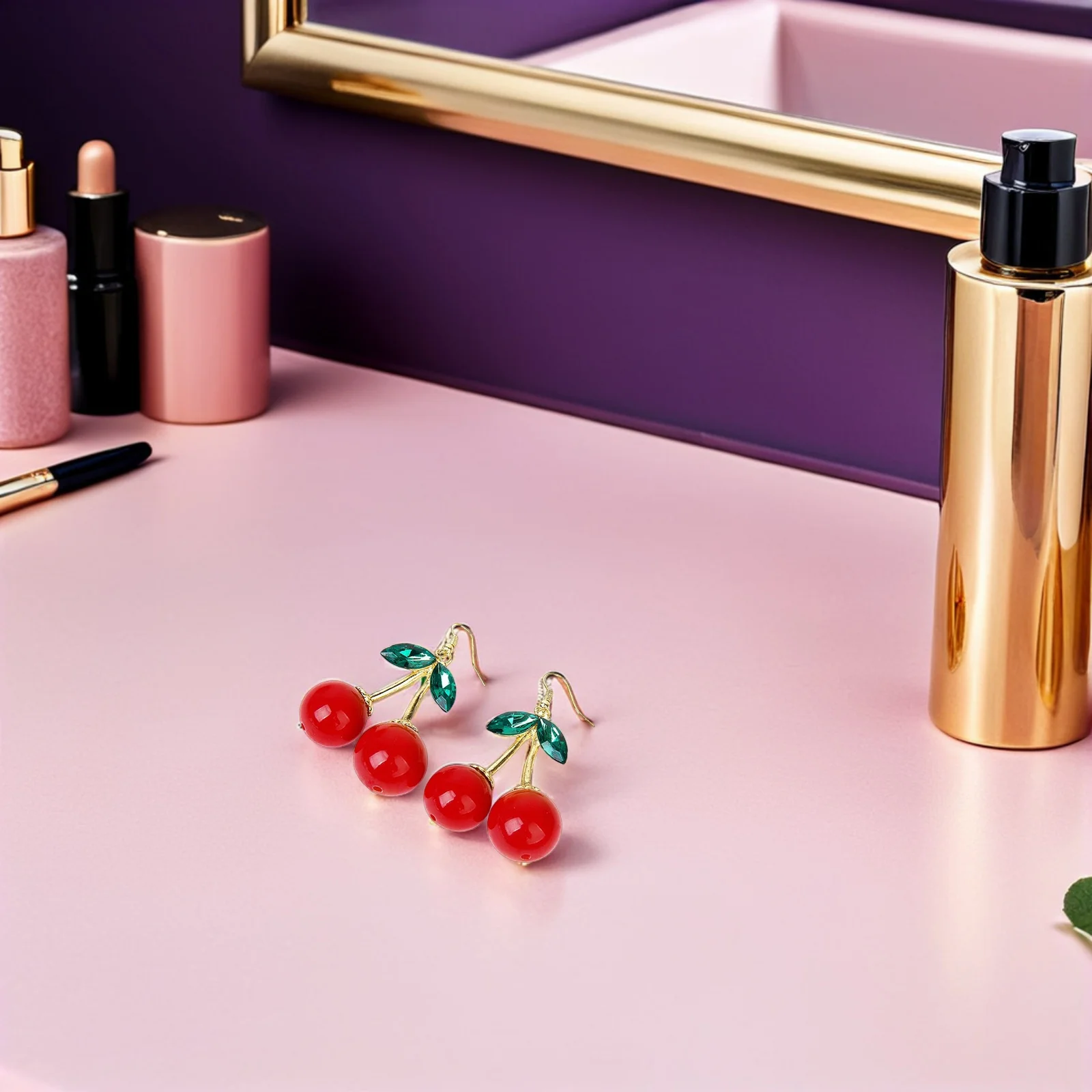 

Cherry Earrings Red Golden Green Plastic Alloy Ear Pendants For Women Girls 1.46X2.36X0.75Inch Smooth Cherry Shape Gift