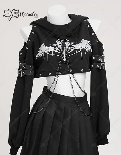 MEOWCOS Halloween Gothic Hoodies for Women Gothic Crop Top Punk Clothes Long Sleeve Chain Sweatshirt Hoodies Cosplay Costume view 2