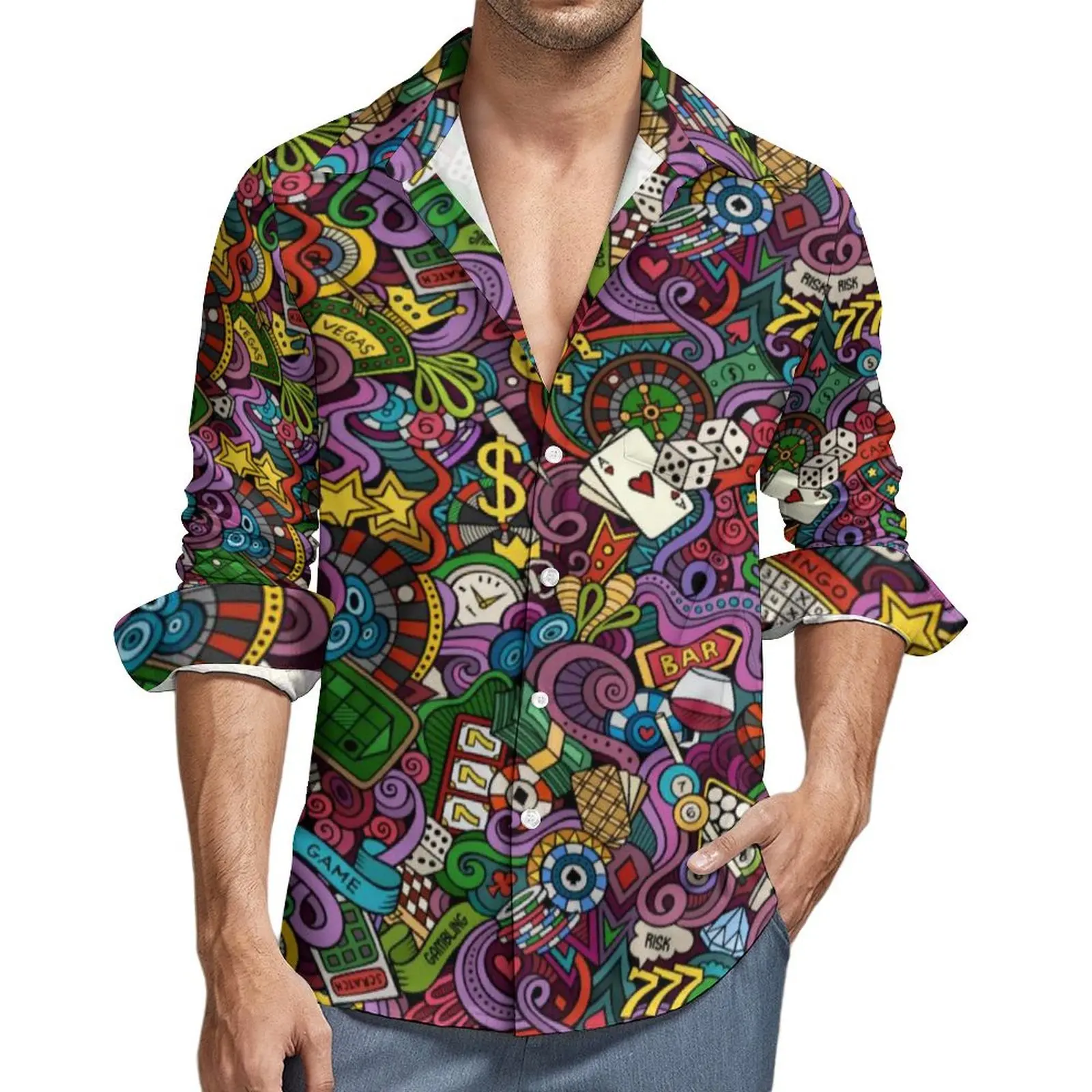 Bunte Urlaubs bluse männliche Glücksspiel Casino Pop Shirt Langarm coole koreanische Mode Freizeit hemden Herbst Tops große Größe