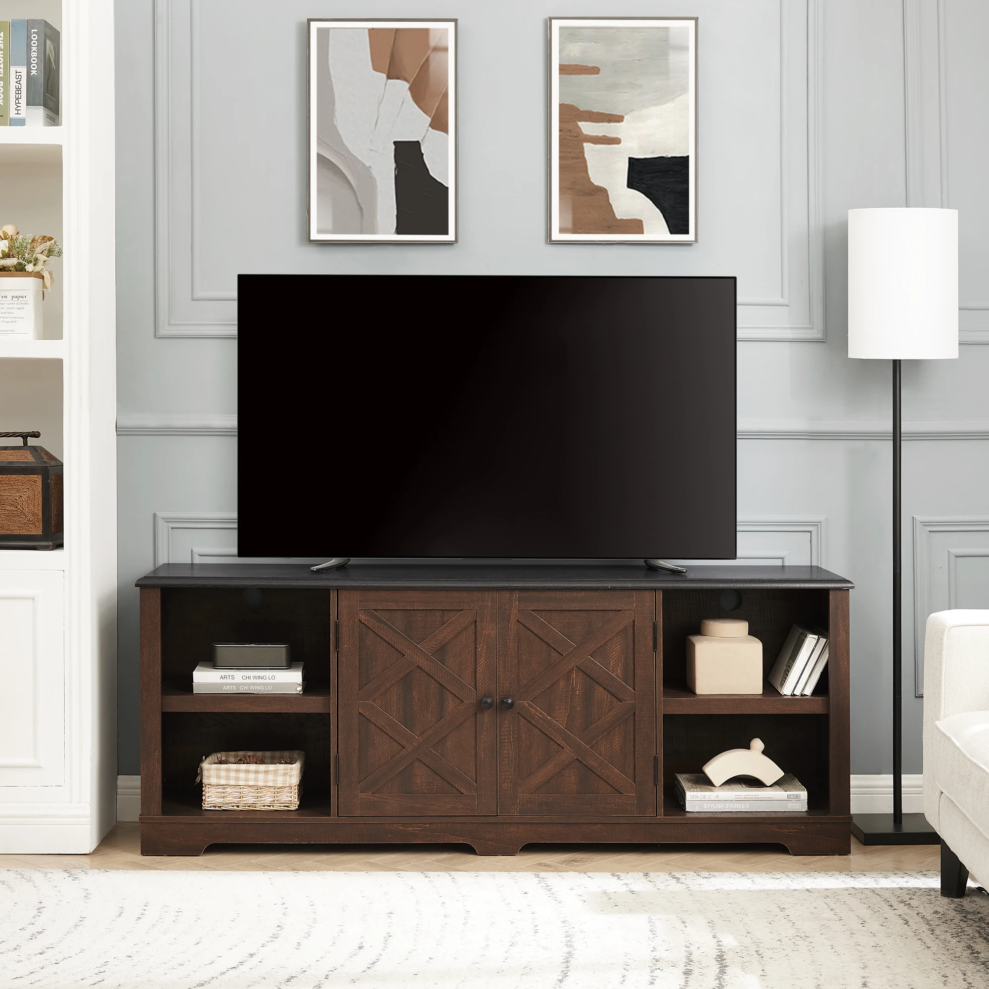 Modern Farmhouse TV Media Stand, Large Barn Inspired Home Entertainment Console, for TV Up to 80'', with Open Shelves and Closed