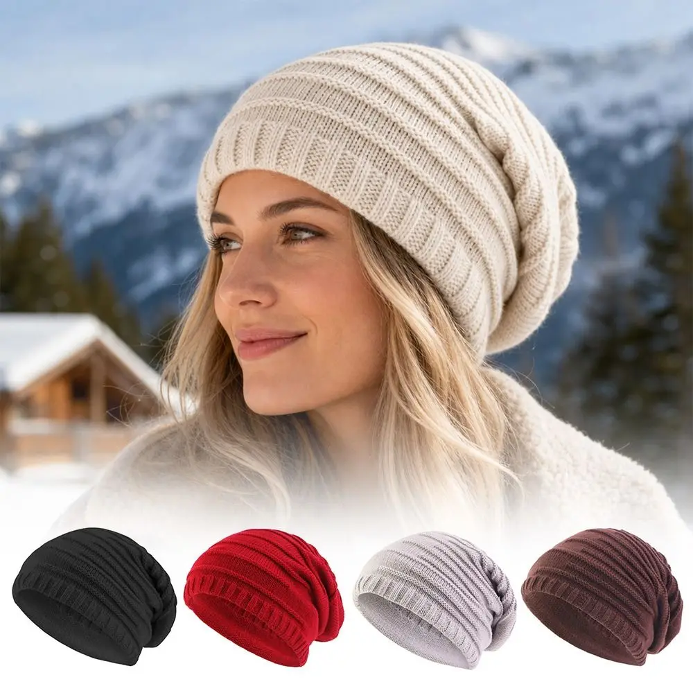 Gifts Solid Color Slouchy Beanie Stripe Knit Texture Lightweight Winter Head Wrap Knit Slouch Hat