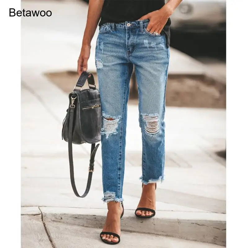 Light Blue Distressed Straight Leg Jeans Frayed Hem Cropped Casual Denim Trousers