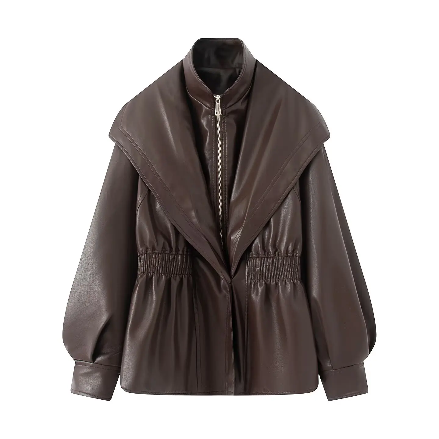 Washed Leather Jacket Fake Two-Piece Style Autumn New Arrival Women's Fashion Commute Wind Loose Fit Long Sleeve Zipper Design