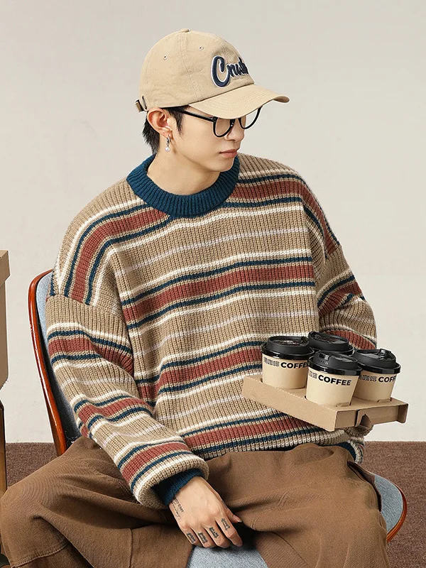 

Retro Color Blo Striped round Ne Sweater Men's Autumn Winter Loose Lazy Sle Soft Cozy Overhead Knittedwear Coat