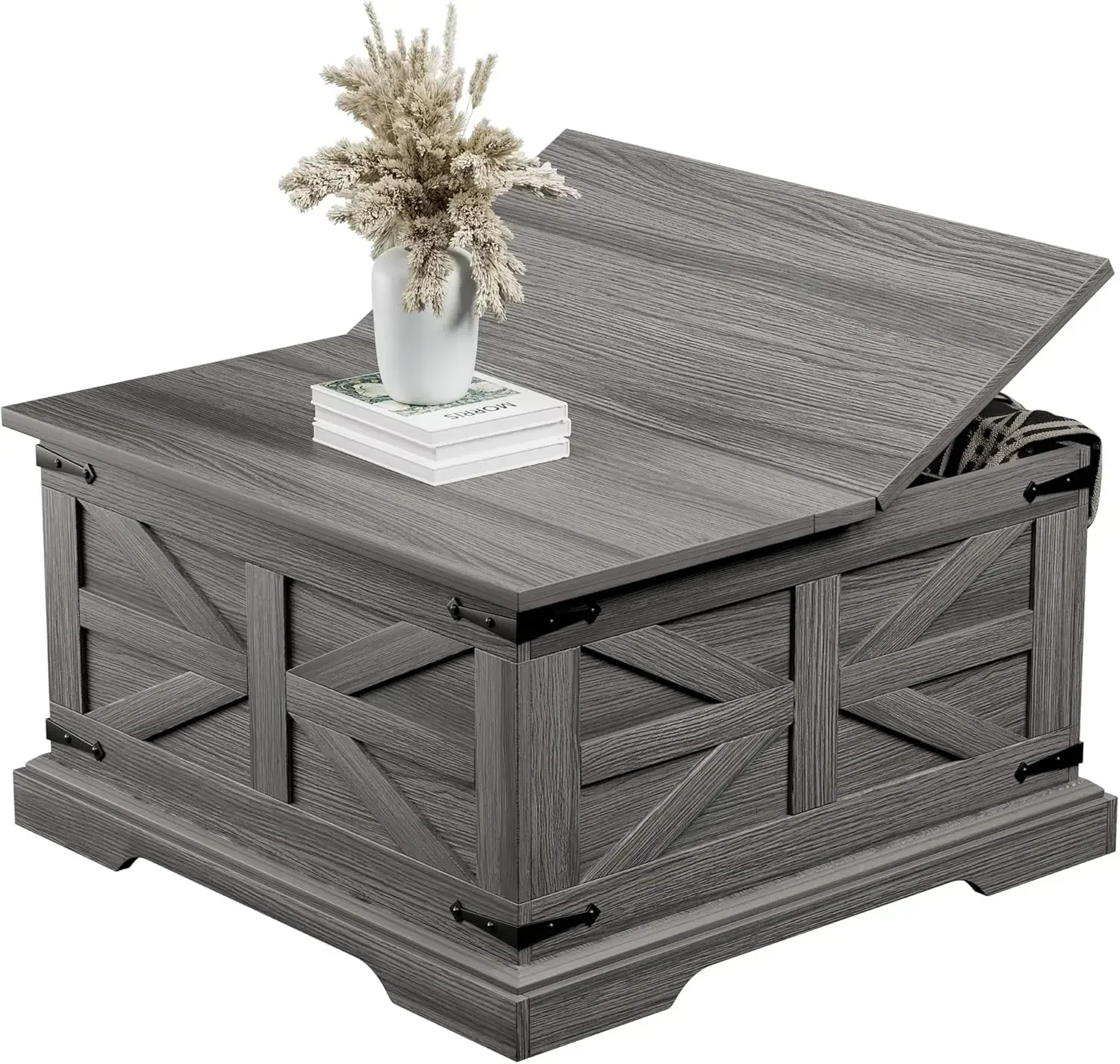 Mesa de centro de granja con almacenamiento, mesa central cuadrada para salón, madera rústica moderna, esquina de metal, gris