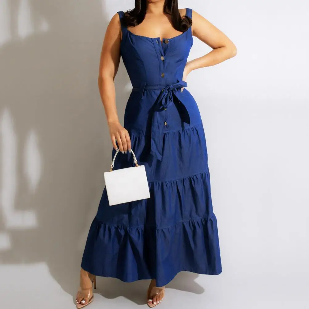 Elegant Square Neck Denim Sleeveless Lace Up Blue Jeans Maxi Dress Evening Dresses Sexy Low Cut Summer Party Dress Robe vestidos