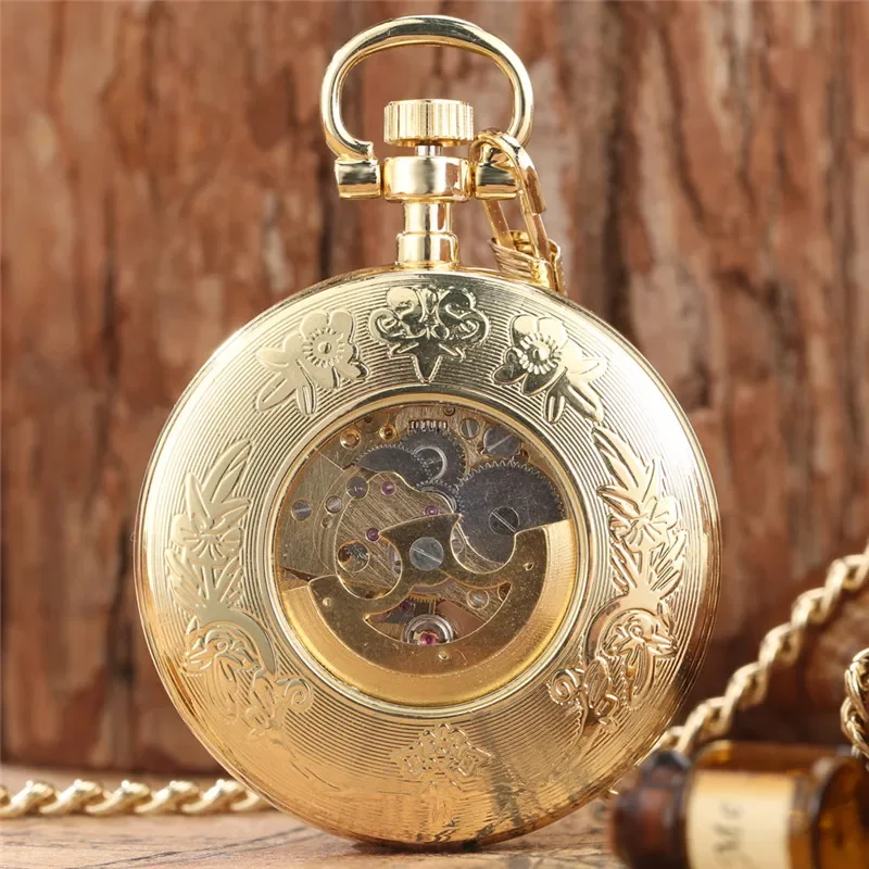 Luxury Yellow Golden Pocket Watch Roman Number Display Mechanical Automatic Clock for Men Fob Chain Watches Collectable Reloj