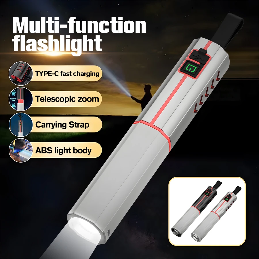 

D2 Powerful Aluminum Alloy Hand LED Flashlights Rechargeable Zoom Torches with 3 Modes Flash Lamp Outdoor Fishing Searchlights