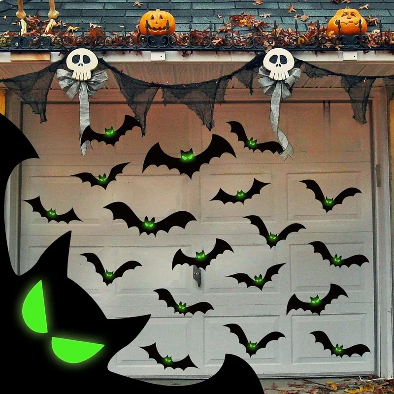 48pcs Halloween Luminous Bat Stickers with Green Eyes, Self-Adhesive Wall Decor for Windows, Doors, Garages, Parties, and Horror