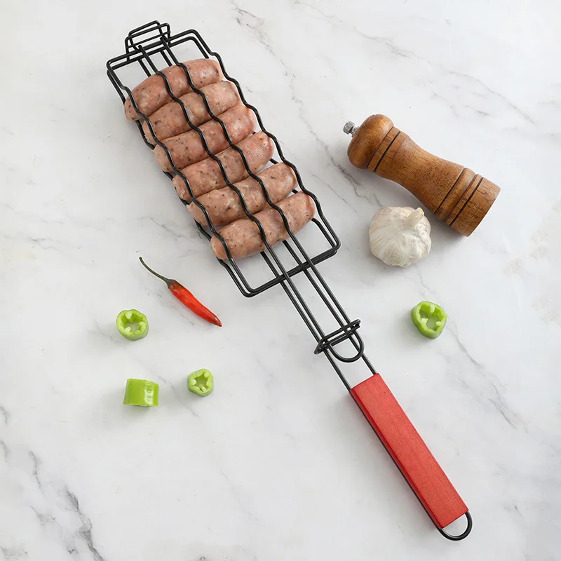 

Removable wooden handle hot dog BBQ grill, non-stick BBQ tongs, outdoor sausage barbecue grill net