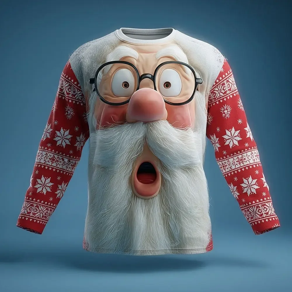 2025 Christmas Men's 3D Printed Santa Claus Long Sleeve T-Shirts, Crew Neck Tees Trendy Street Style Autumn Winter Casual Tops