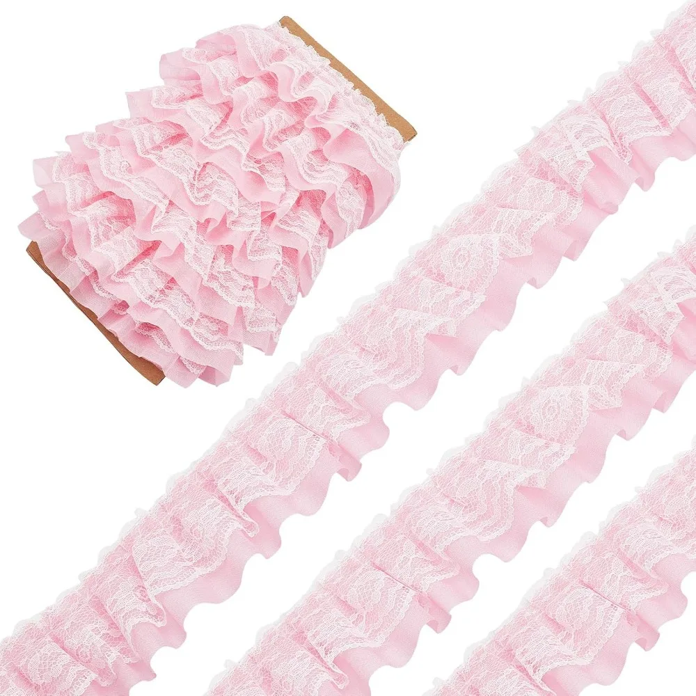 11 Yards Pink Double-Layer Pleated Chiffon Lace Trim 5cm Wide 2-Layer Gathered Ruffle Trim Edging Tulle Trimmings Making Kit