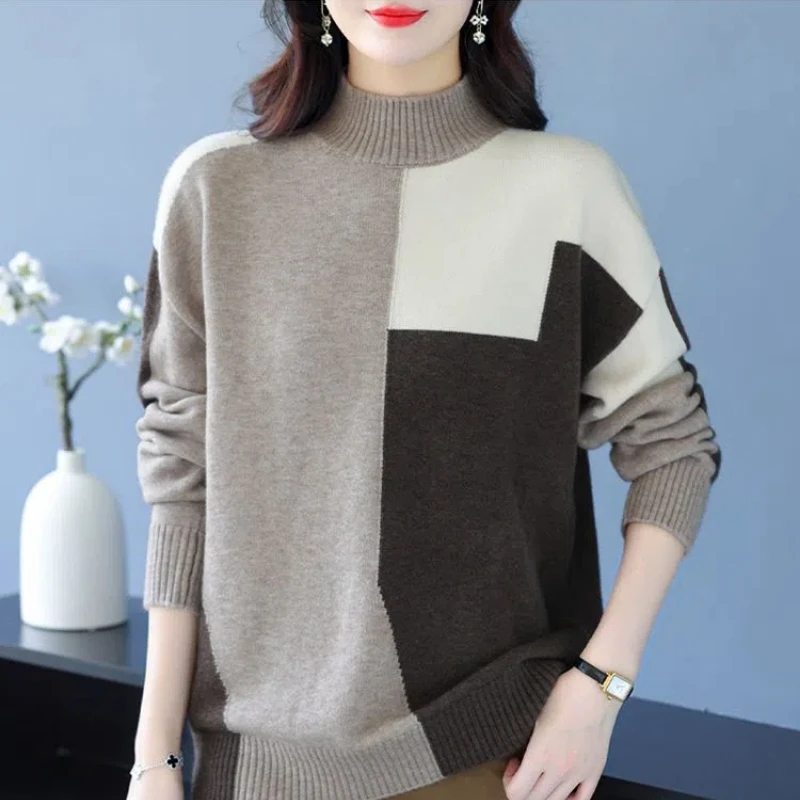 Autumn Winter New Fashion Half High Collar Long Sleeve Pullovers Women\'s Clothing Patchwork Color Blocking Trend Knitting Tops