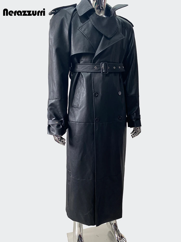 Nerazzurri Autunno fresco extra lungo trench in pelle nera impermeabile di alta qualità per abiti firmati di lusso con cintura da donna