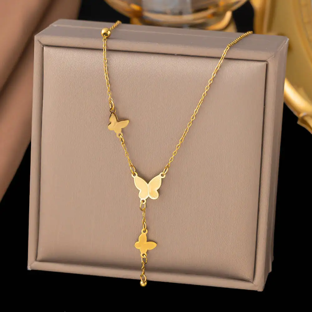 Dainty Butterfly Y Drop Jewelry 3Pcs Set, Titanium Steel Necklace Bracelet Combo, Waterproof Gold Fashion Statement Jewellery