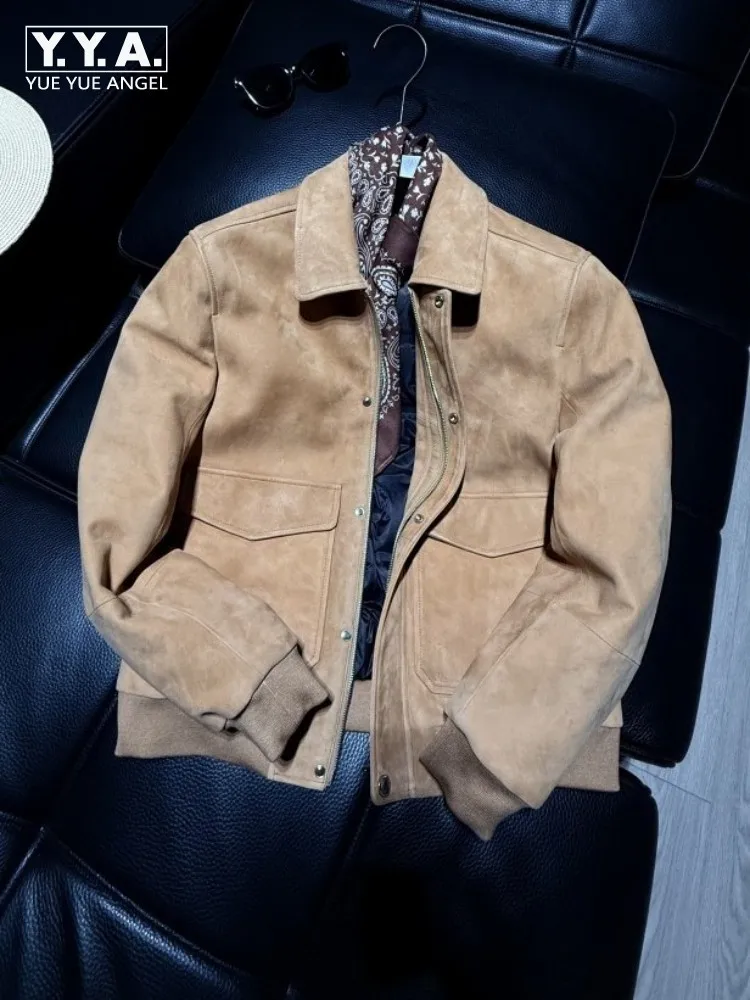 Slim Fit Vintage Genuine Leather Pilot Jacket Men Designer Autumn Winter Outerwear High Quality Suede Sheepskin Short Coat Male