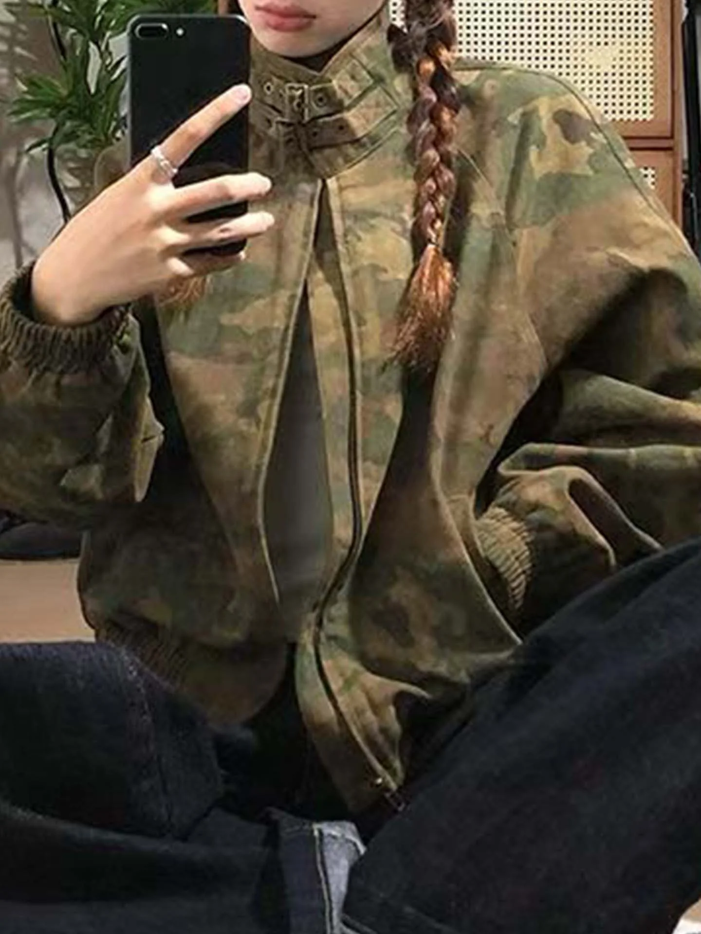 

Retro American Camouflage Stand Collar ort Jaet Women's Loose Lazy Sle Zipper Denim Top Faionable mat Personali