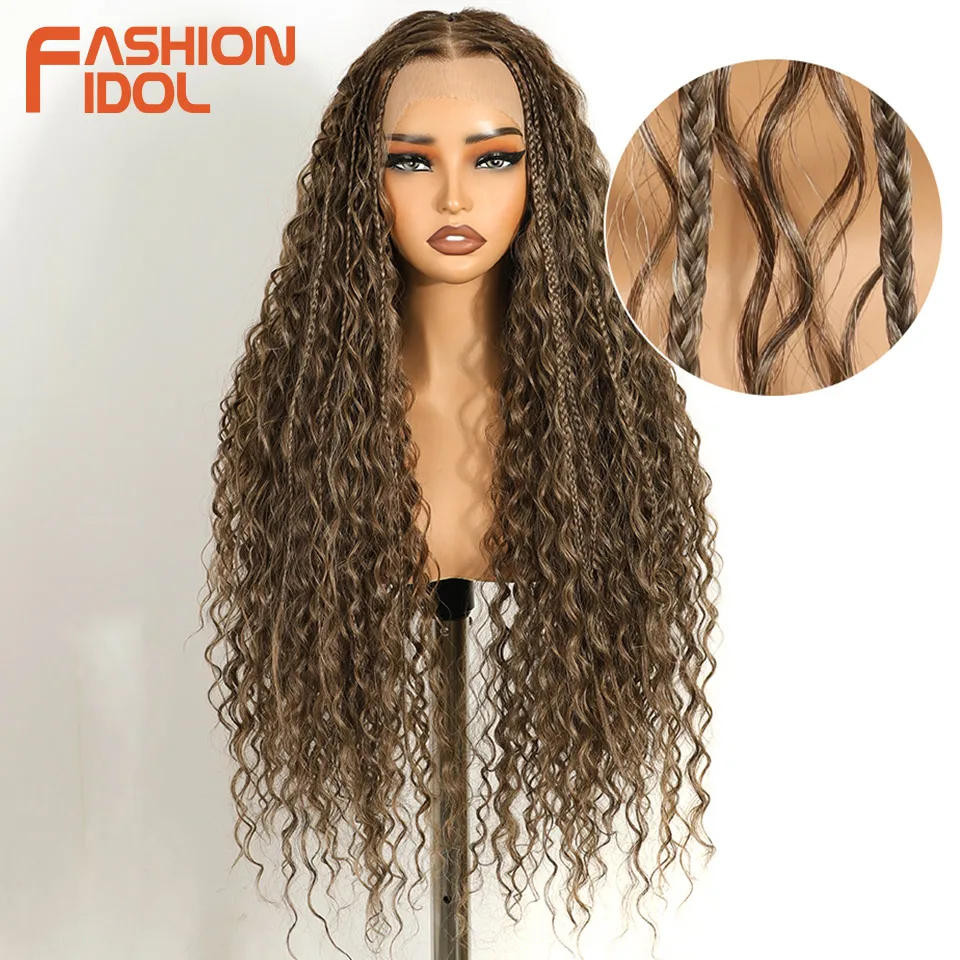 FASHION IDOL Twist Box Braided Lace Wigs Synthetic Brown 13X4 Lace Frontal Wigs For Black Women Goddess Faux Locs Braids Wigs view 3