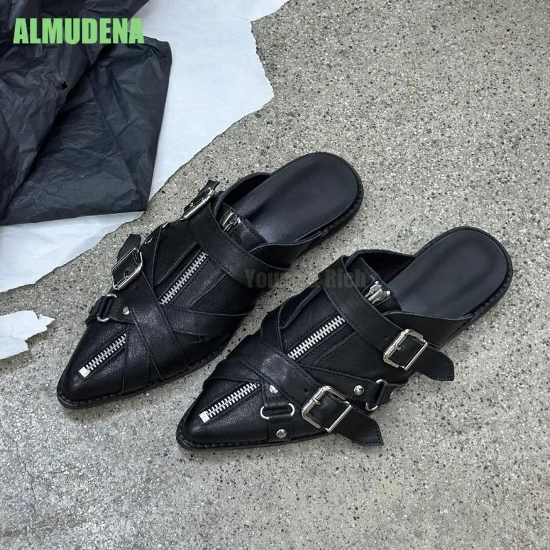 Point Toe Metal Zipper Decor Mule Slides Smooth Leather Slip On Backless Minimal Commute Outdoor Casual Trendy Flat shoes