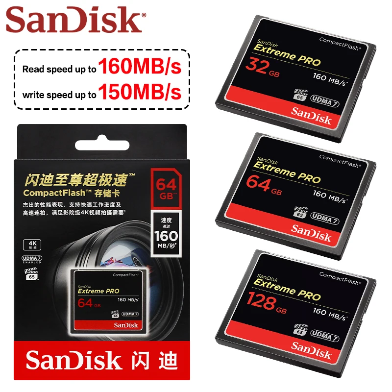 Tarjeta CompactFlash SanDisk CF160M Extreme PRO CF UDMA7 160MB/s Lectura 150MB/s Escritura 64GB 128GB 4K para Cámara DSLR Profesional