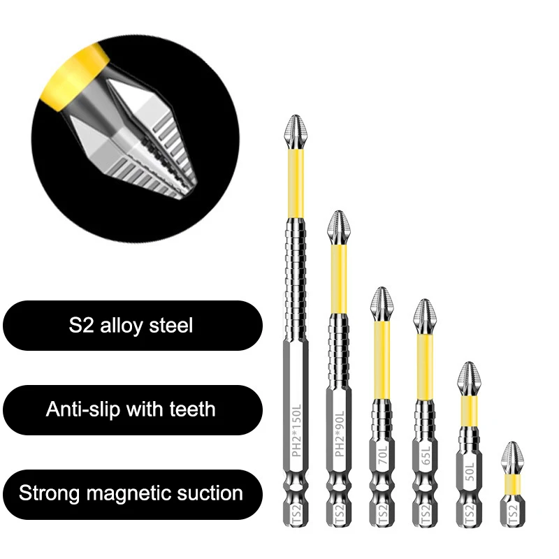 

Non-Slip Impact Drill Bit 25/50/65/70/90/150mm Magnetic Screwdriver Bit Set 1/4 Inch Hexagonal Shank For Electric Drill