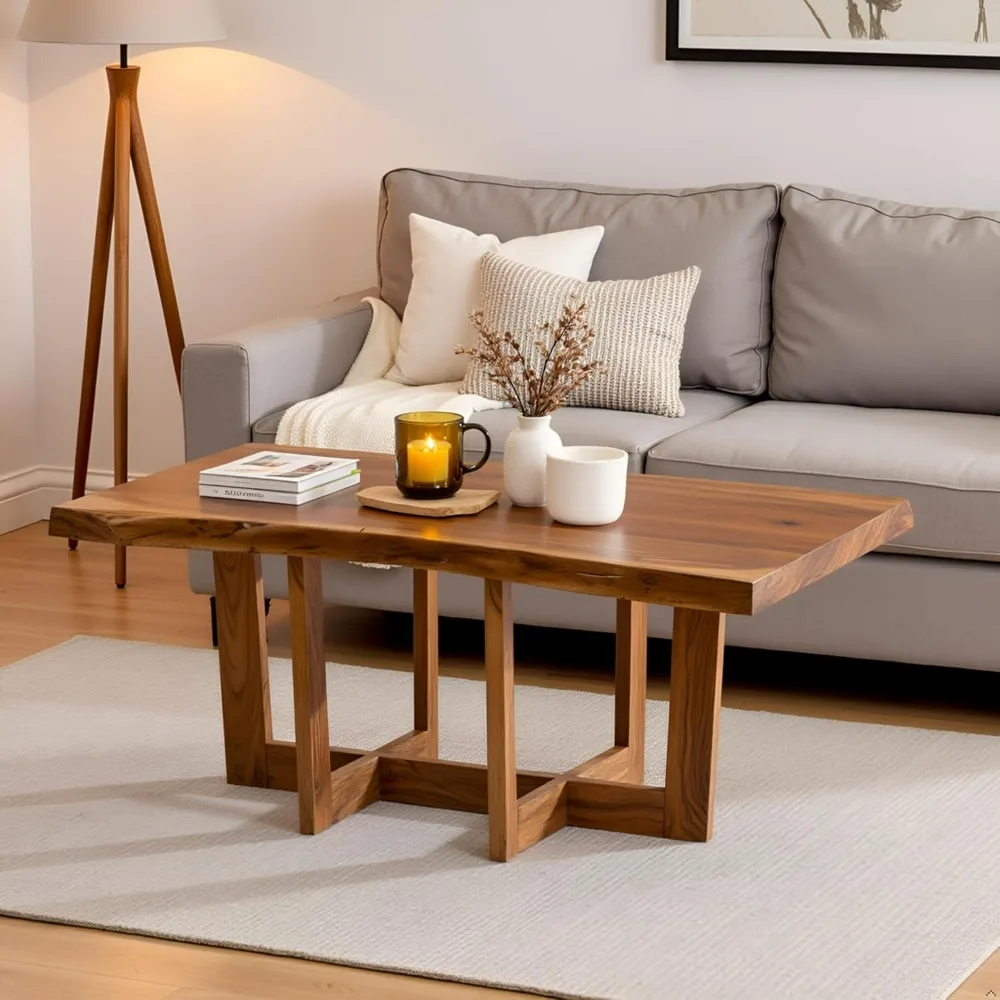 Mesa de centro artesanal de madeira de acácia de 42 polegadas com borda viva com estilo minimalista e acabamento natural, supportada com suporte cruzado
