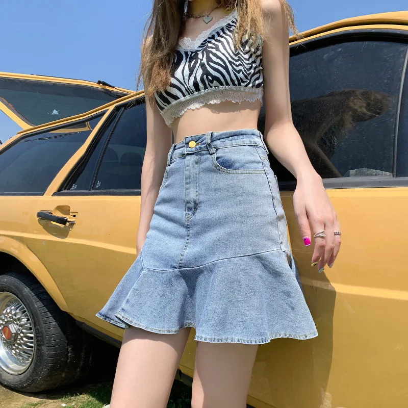 

Slim A-line Short Skirt 2024 Summer High Waist Fishtail Wrapped Hip Skirt Retro Elastic Girls Commuter Ruffle Edge Denim Skirt