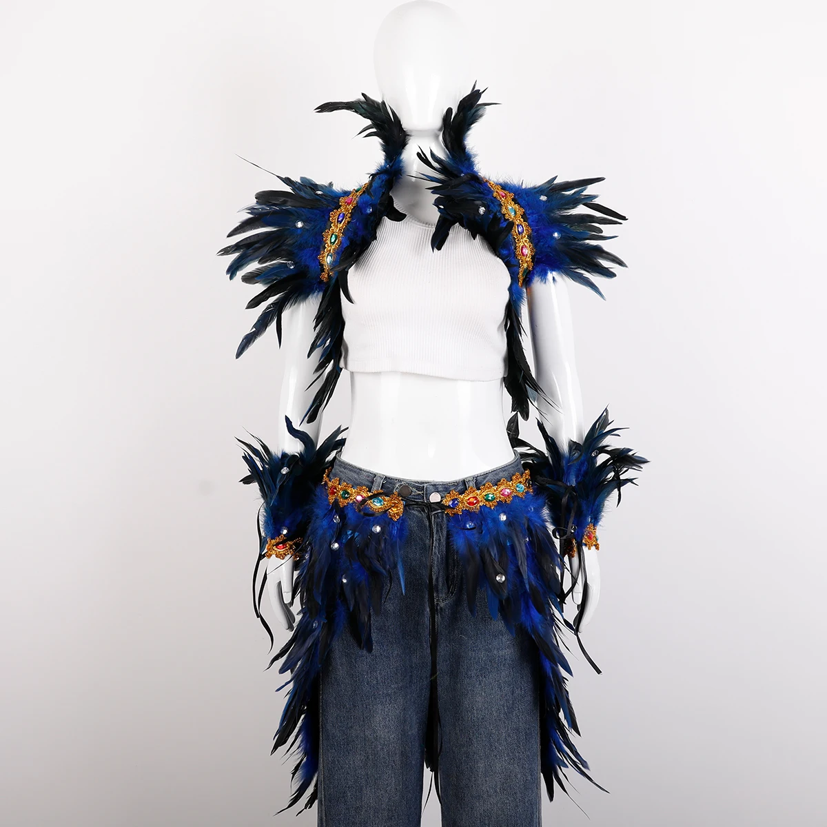 Faux Rhinestone Gem Feather Outfit Set Women Carnival Samba Costume Feather Cape Skirt Arm Bands for Rave Festival Cosplay