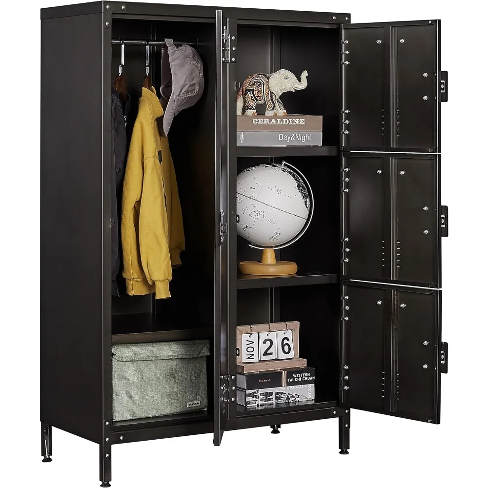 

Metal Wardrobe, 55.11' Industrial Steel Storage Cabinet with Hanging Rod Bar, Shelves and 4 Lockable Doors - Vintage Locker for