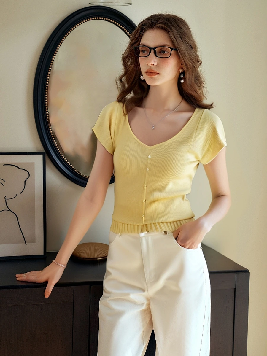 OLrain-suéter de punto francés amarillo para mujer, jersey de manga corta, Tops de punto de verano, jerséis ajustados para mujer O57XZ99068