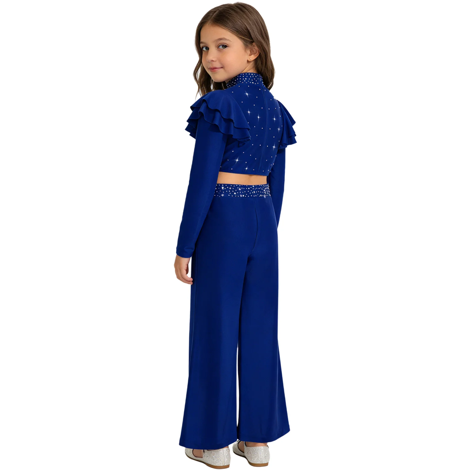 

Kids Girls Color Block Lyrical Dance Outfit Asymmetrical Mesh Long Sleeve Shiny Crop Top with Split Flowy Chiffon Pants Set