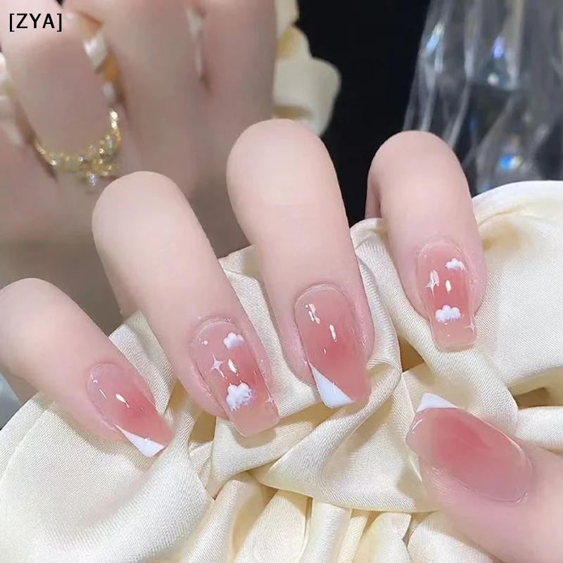 24Pcs French Cloud  Short Square Head Press On False Nails With Jelly Adhesive Glitter Design Detachable Fake Fingernails[ZYA]