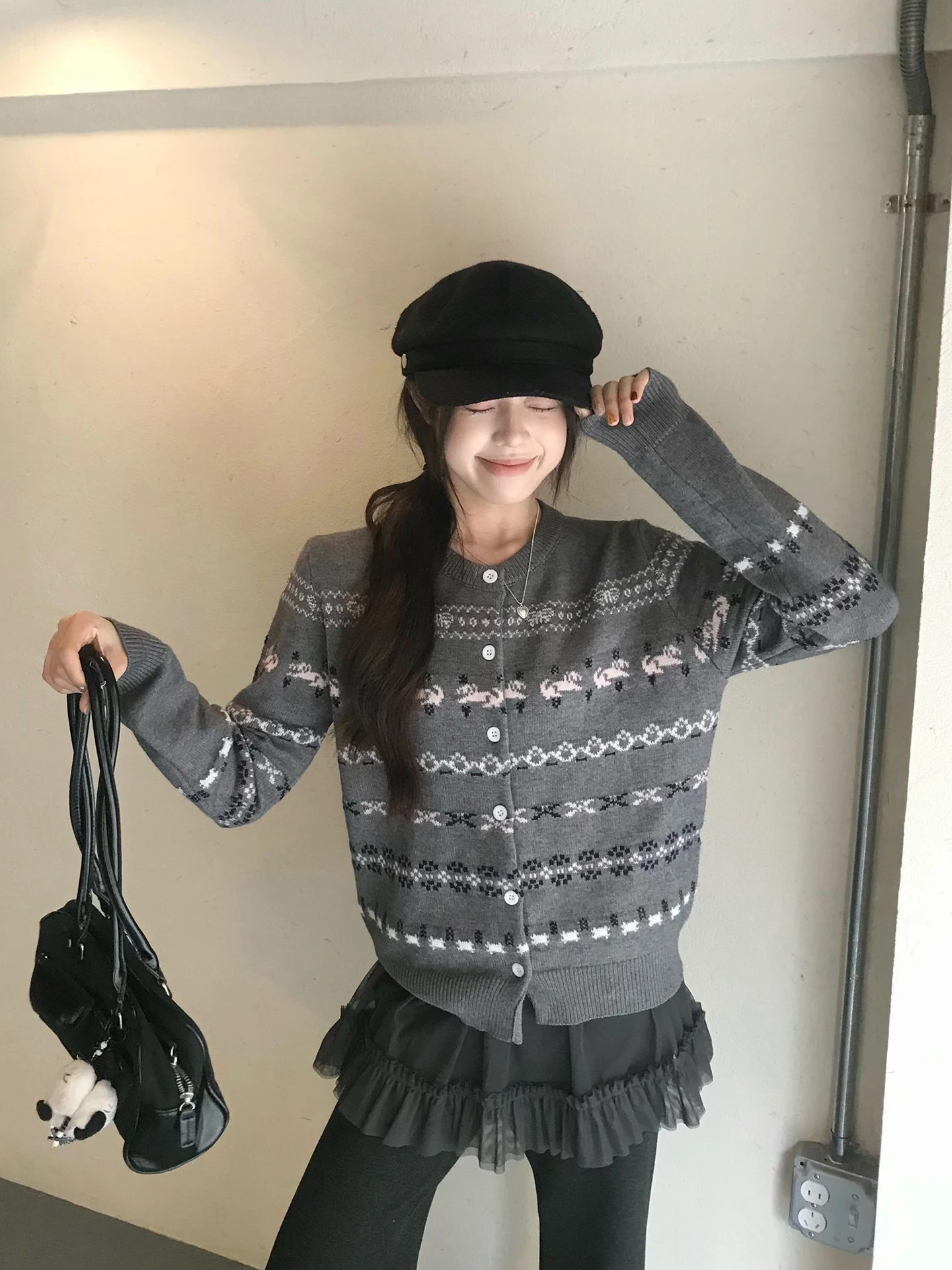 

ay Vintage Fair Isle Knitted Open Cardigan Women's Sle Beautiful Faionable Lazy Sle Top for Spring Season