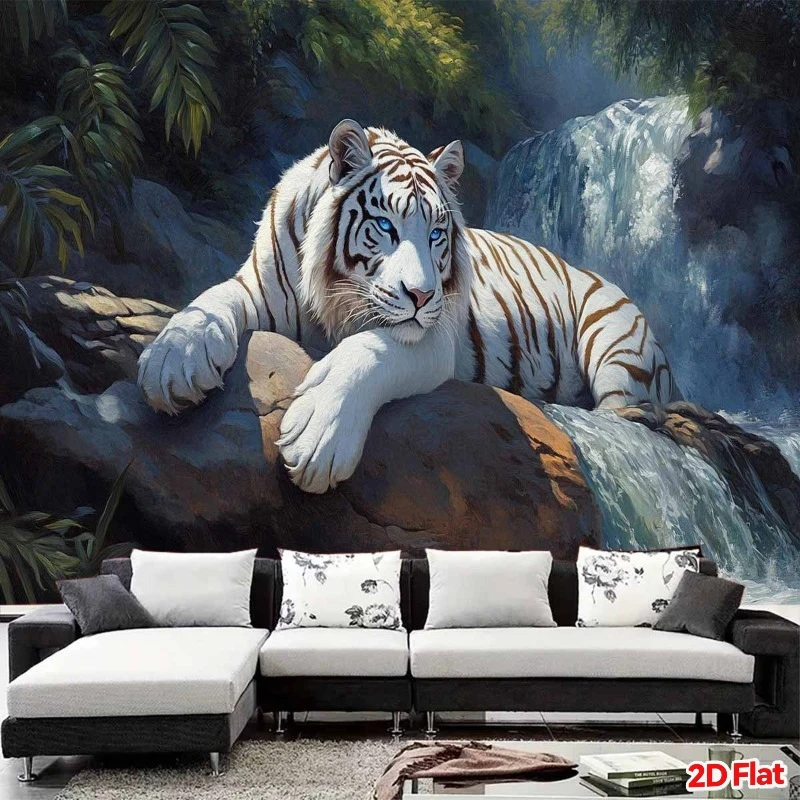 White Tiger in Forest with Waterfall and Rocks Wall Tapestry 2D Flat Print Wildlife Art Animal Decor Boho Style Home Interior